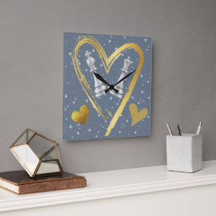 Gold Hearts King and Queen Chess Pieces on Grey Square Wall Clock