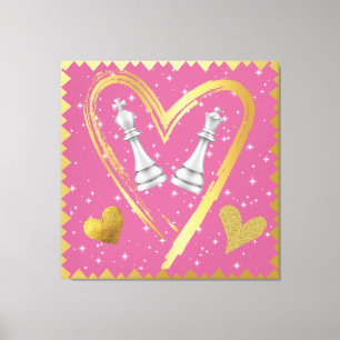 Gold Hearts King and Queen Chess Pieces on Plum   Canvas Print