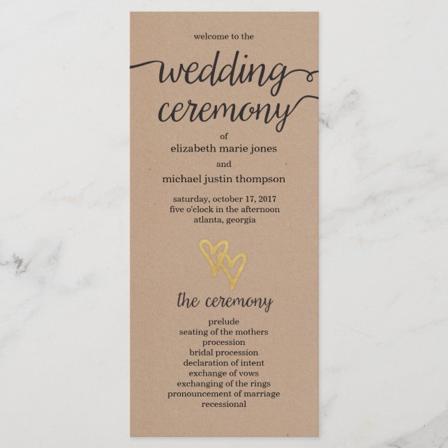 Gold Hearts Kraft Wedding Program Programme (Front)