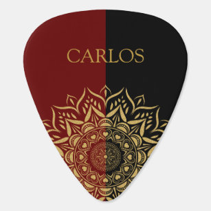 Gold hearts mandala on black and red background guitar pick