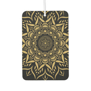 Gold hearts mandala on black car air freshener