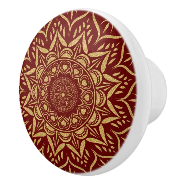 Gold hearts mandala red background ceramic knob (Right)