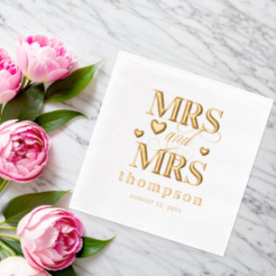 Gold Hearts Mrs & Mrs Lesbian Wedding Foil Napkins