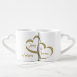 Gold Hearts Newlywed Mug Set<br><div class="desc">Custom white ceramic interlocking mug set,  with graphics of two entwined gold glitter looking hearts.  Golden brown text is ready to personalise with the bride and groom's names and wedding date.  Lovely gift idea to the newlyweds.</div>