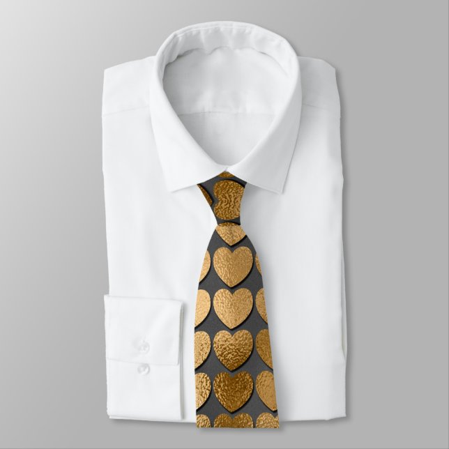 Gold Hearts on Black Elegant Valentine Tie (Tied)