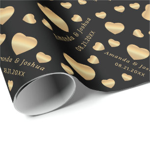Gold Hearts on Black Wrapping Paper