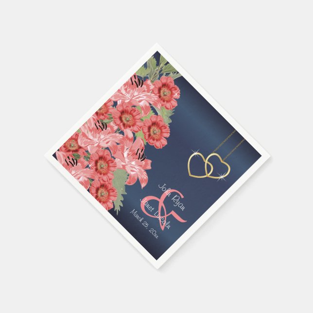 Gold Hearts on Coral & Navy Napkin (Corner)