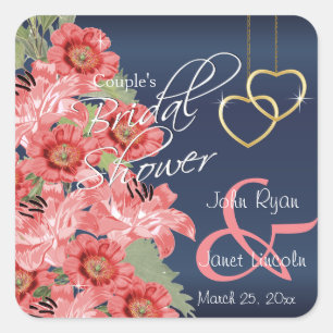 Gold Hearts on Coral & Navy Satin -  Bridal Shower Square Sticker