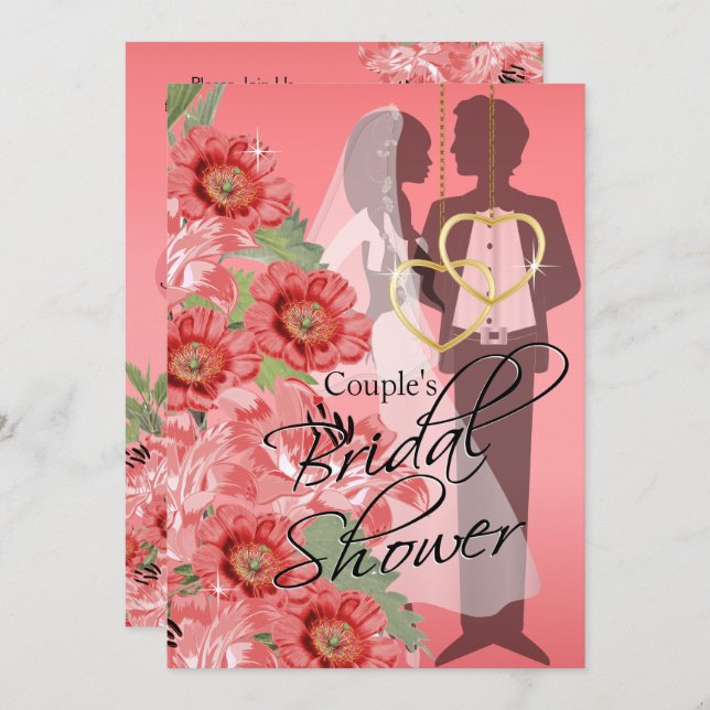 Gold Hearts on Coral Satin Couple's Shower Invitation (Front/Back)
