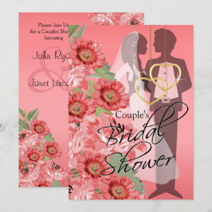 Gold Hearts on Coral Satin Couple's Shower Invitation