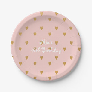 Gold Hearts on Pink Girls Birthday Party Plates