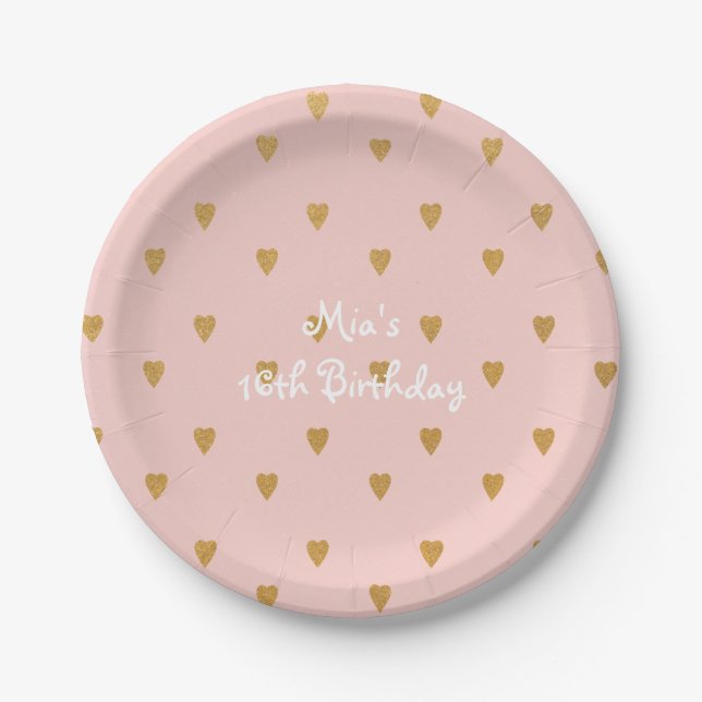 Gold Hearts on Pink Girls Birthday Party Plates (Front)