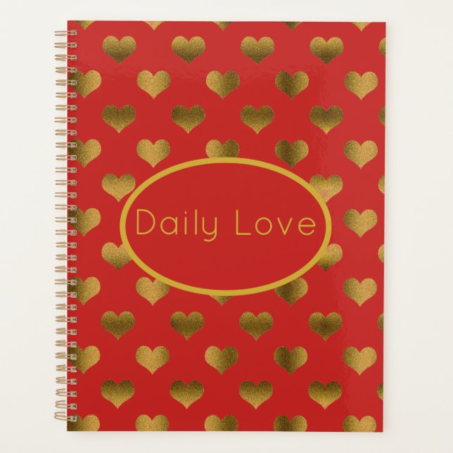 Gold Hearts on Red Customisable Planner (Front)