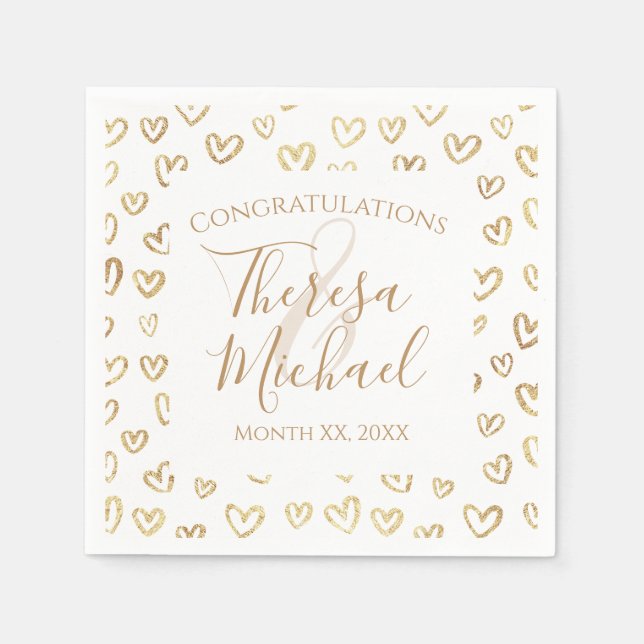 Gold Hearts on White Customisable Name Date Napkin (Front)
