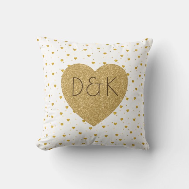 Gold Hearts On White Monogram Cushion (Front)