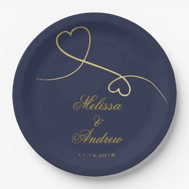 Gold Hearts Ornament | Navy Blue Wedding Paper Plate (Front)