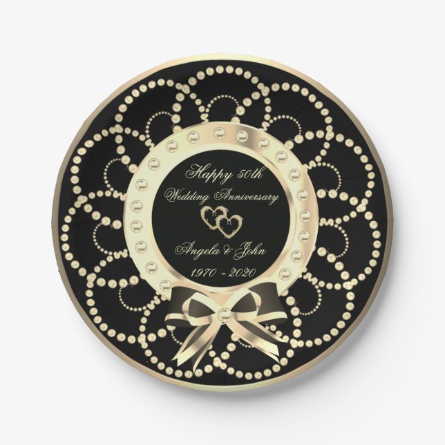 Gold Hearts Pearls 50th Wedding Anniversar Paper Plate (Front)