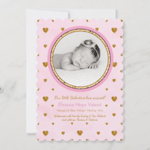 Gold Hearts Photo Birth Announcement