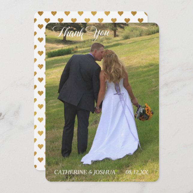 Gold Hearts Photo Template Wedding Thank You (Front/Back)
