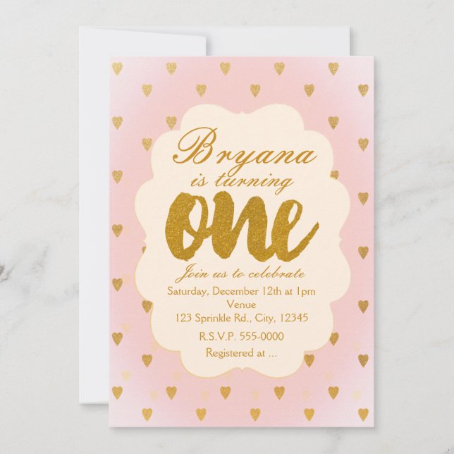 Gold Hearts & Pink 1st Birthday Party Invitation (Front)