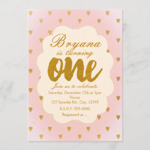 Gold Hearts & Pink 1st Birthday Party Invitation