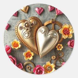 Gold Hearts, Pink and Yellow Flowers Steampunk Classic Round Sticker