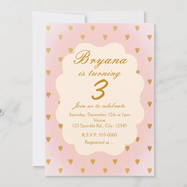Gold Hearts & Pink Girls Birthday Party Invitation (Front)