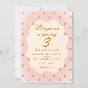 Gold Hearts & Pink Girls Birthday Party Invitation