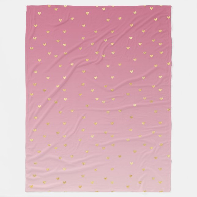 Gold Hearts Pink Ombre Fleece Blanket (Front)