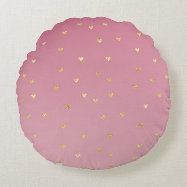 Gold Hearts Pink Ombre Round Cushion (Front)