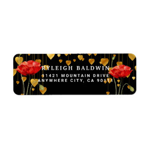 Gold Hearts Red Poppy Return Address Label