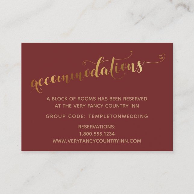 Gold Hearts Script Burgundy Wedding Accommodations Enclosure Card (Front)