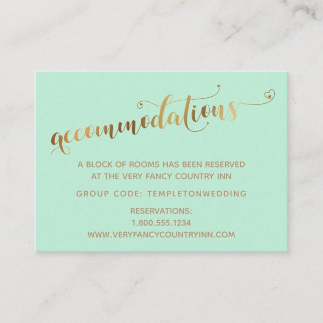 Gold Hearts Script Mint Wedding Accommodations Enclosure Card (Front)