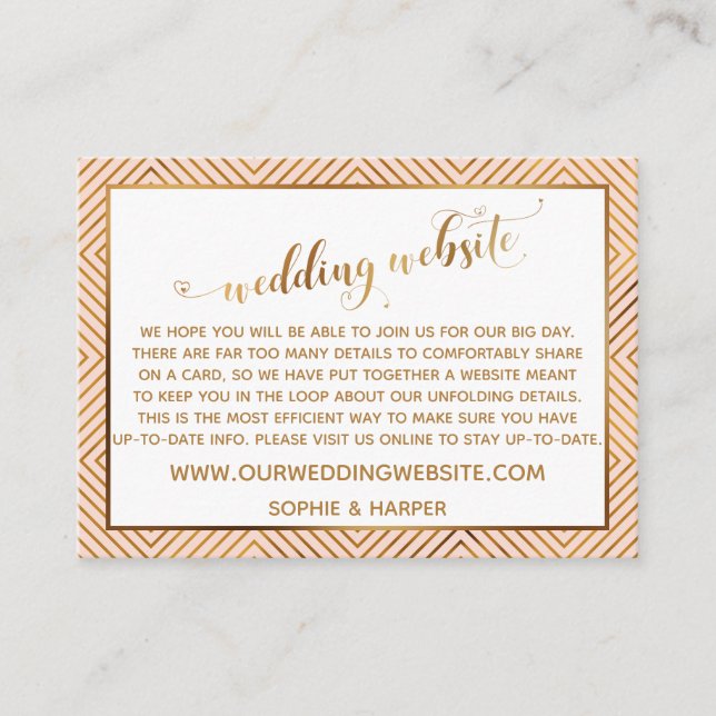 Gold Hearts Script on Blush Pink Wedding Website Enclosure Card (Front)