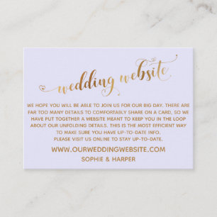 Gold Hearts Script on Lavender Wedding Website Enclosure Card