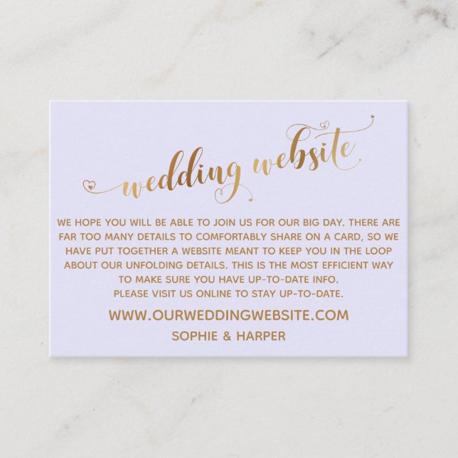 Gold Hearts Script on Lavender Wedding Website Enclosure Card (Front)