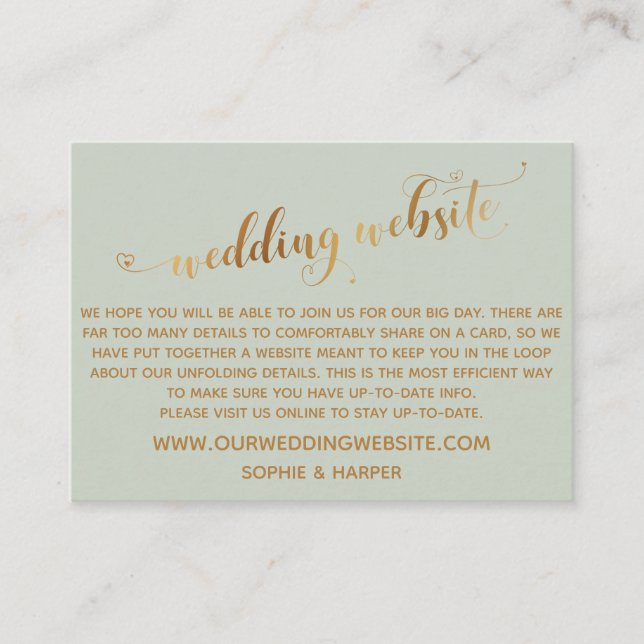 Gold Hearts Script on Sage Green Wedding Website Enclosure Card (Front)
