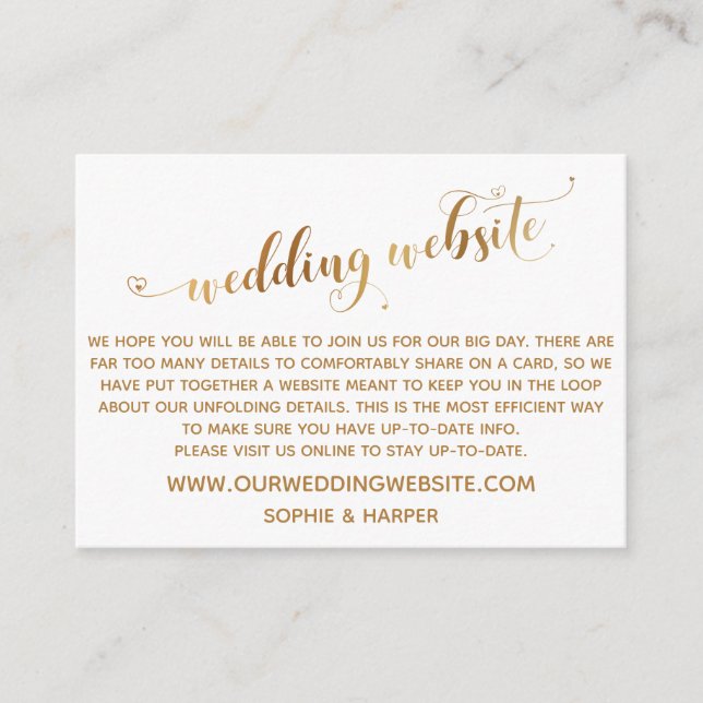 Gold Hearts Script on White Wedding Website Enclosure Card (Front)