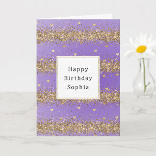 Gold Hearts Sparkle Purple Glitter Birthday Card