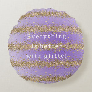 Gold Hearts Sparkle Purple Glitter quote  Round Cushion