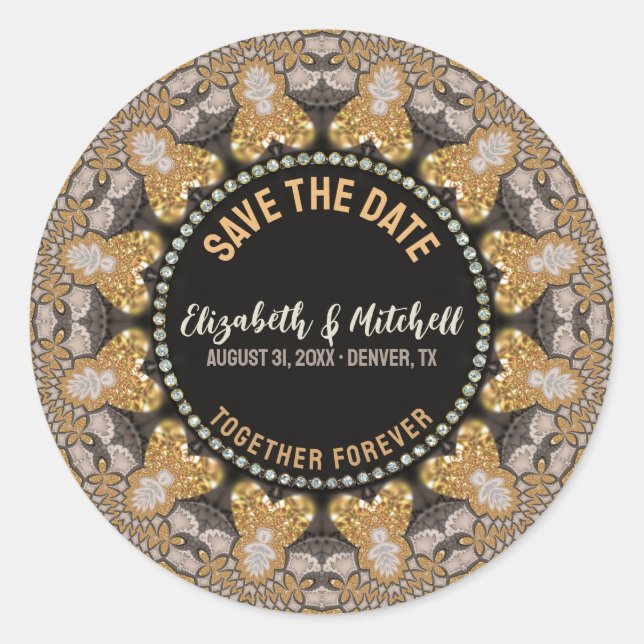 Gold Hearts Sparkle Save the Date Classic Round Sticker (Front)