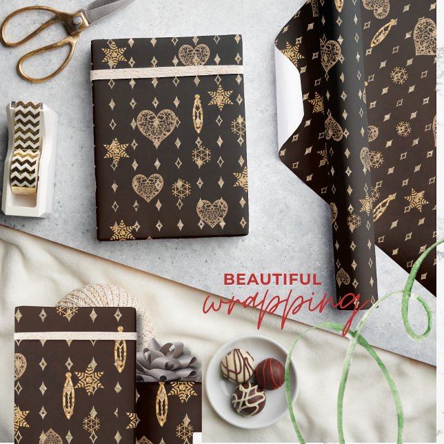 Gold Hearts Stars on Black Birthday Wrapping Paper (Gold Hearts Stars on Black Birthday Wrapping Paper)