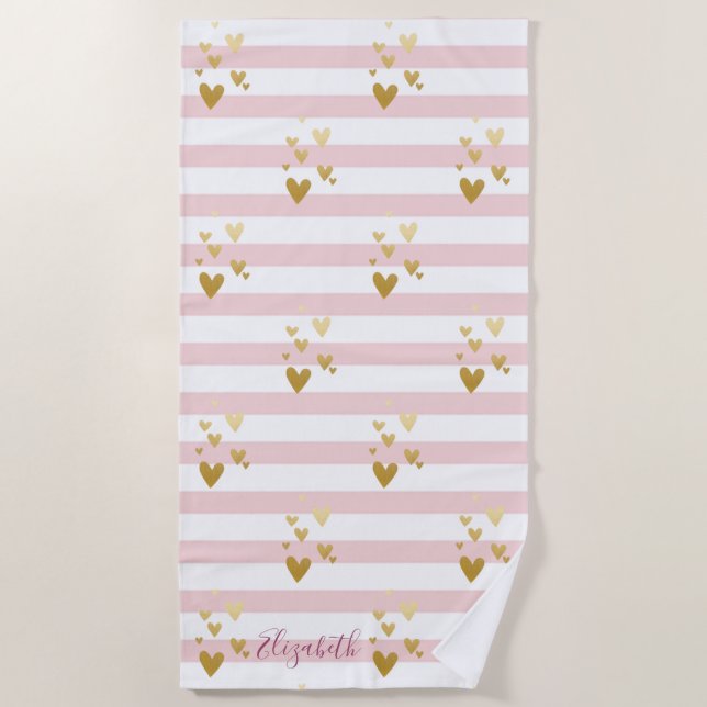 Gold Hearts Stripes Beach Towel (Front)