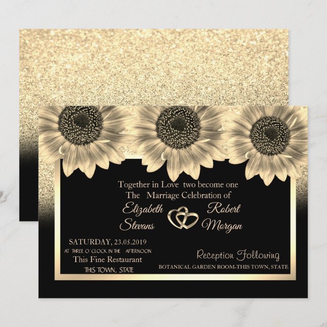 Gold Hearts,Sunflowers,Glitter Wedding Invitation (Front/Back)