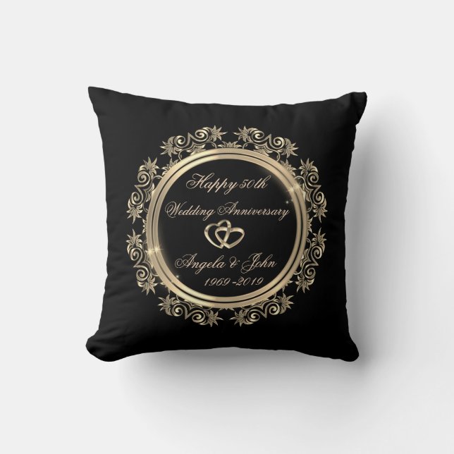 Gold Hearts,Swirls 50th Wedding Anniversary Cushion (Front)