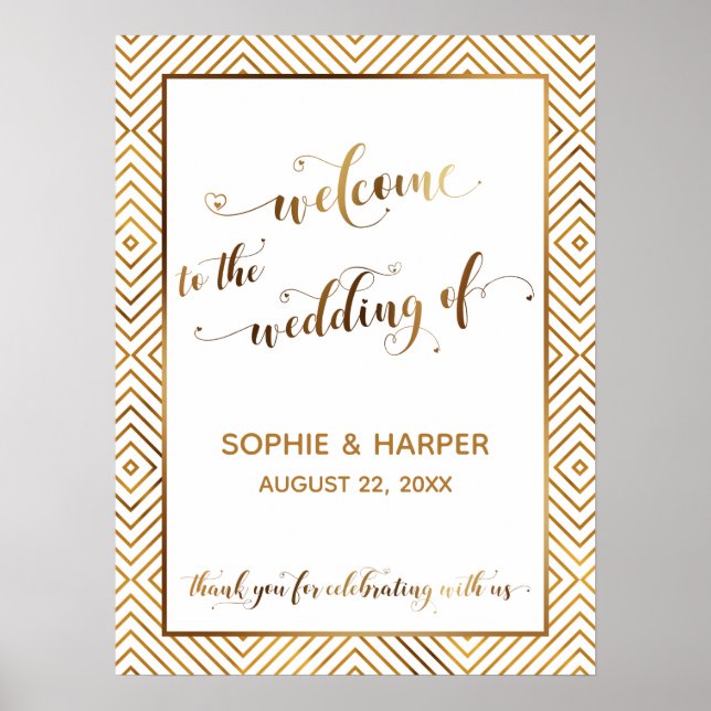 Gold Hearts Welcome to Wedding Typography Sign (Front)