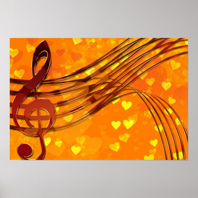 Gold Hearts with a Metallic Treble Clef and Music Poster (Front)