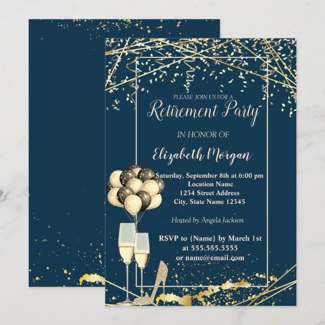 Gold Heels,Glass,Balloons,Navy Blue Retirement Invitation (Front/Back)