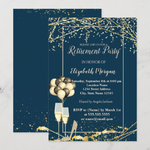 Gold Heels,Glass,Balloons,Navy Blue Retirement Invitation
