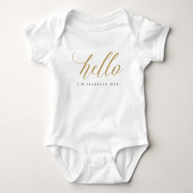 Gold Hello Personalised Name Baby Bodysuit (Front)